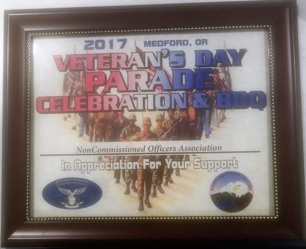 2017 Medford  Veterans Day Parade, Certificate of Appreciation from RVVCO