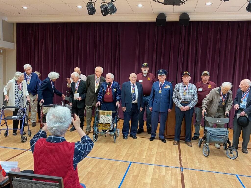 Chairman Terry Haines assisted by trustee Ken Wilson & member Ralph Groover presented WW2 medallions to 13 veterans at a ceremony at a local retirement facility during a planned event. There were 7 Navy veterans, 2 Air Force, 1 Coast Guard & 3 Army