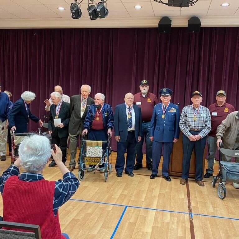 Chairman Terry Haines assisted by trustee Ken Wilson & member Ralph Groover presented WW2 medallions to 13 veterans at a ceremony at a local retirement facility during a planned event. There were 7 Navy veterans, 2 Air Force, 1 Coast Guard & 3 Army